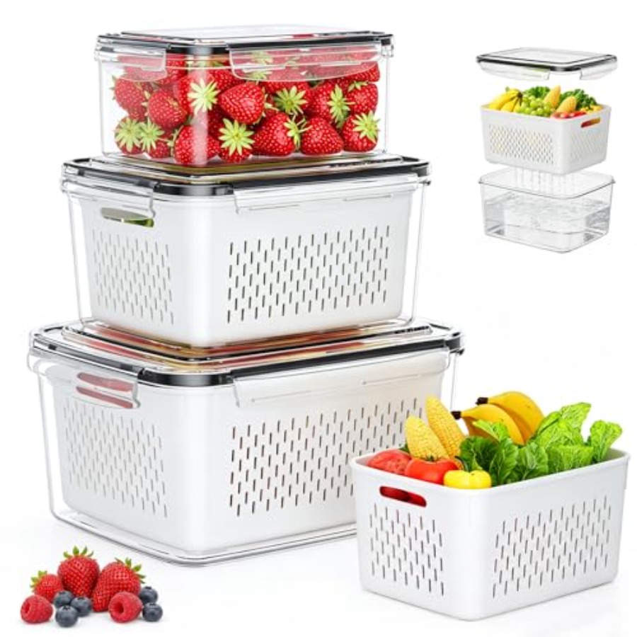 Food Storage With Colander - ภาชนะเก็บผลไม้สำหรับตู้เย็น - ชุด 3 ชิ้น พร้อมตะแกรงกรองที่ถอดออกได้