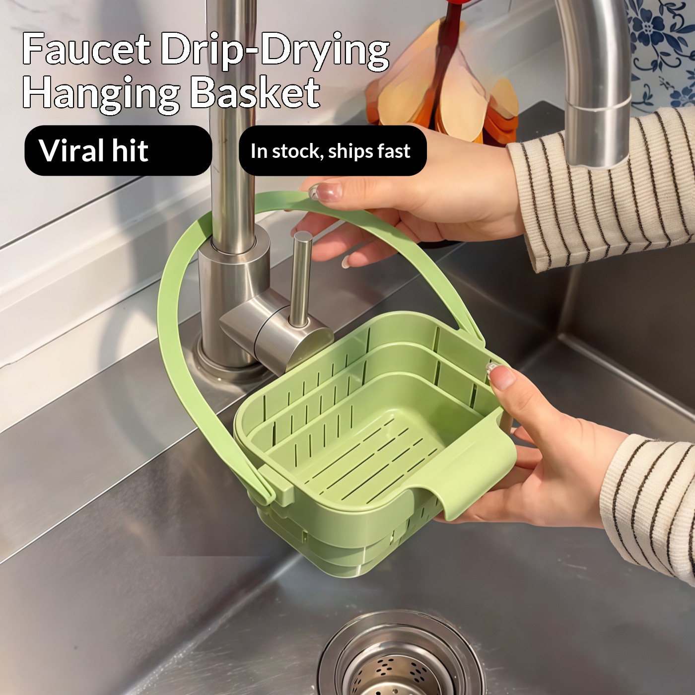 Food Storage With Colander - ตะกร้ากรองเศษอาหารแบบพับได้ ตะกร้ากรองน้ำแบบแขวนก๊อกน้ำ ตะกร้ากรองเศษอาหารแบบถอดได้ อุปกรณ์จัดเก็บในครัว
