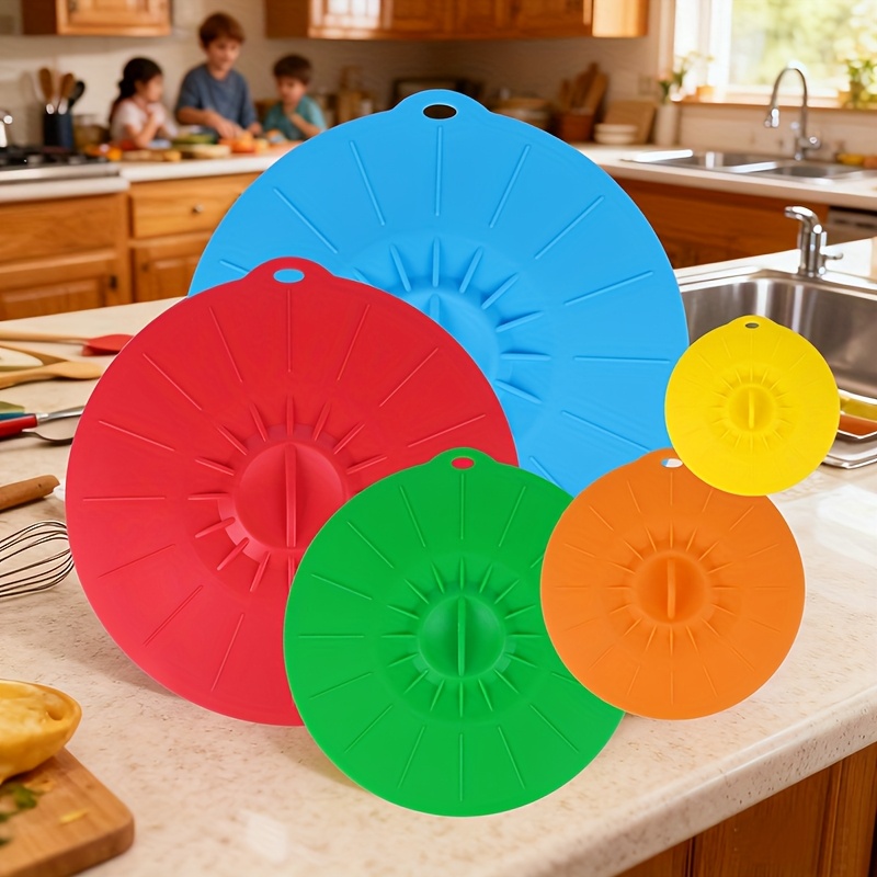 Food Storage With Colander - ฝาปิดซิลิโคน 5 ชิ้น, ฝาปิดกันกระเด็นสำหรับไมโครเวฟทนความร้อน, ฝาปิดหม้อซิลิโคน, ฝาปิดแก้ว,
