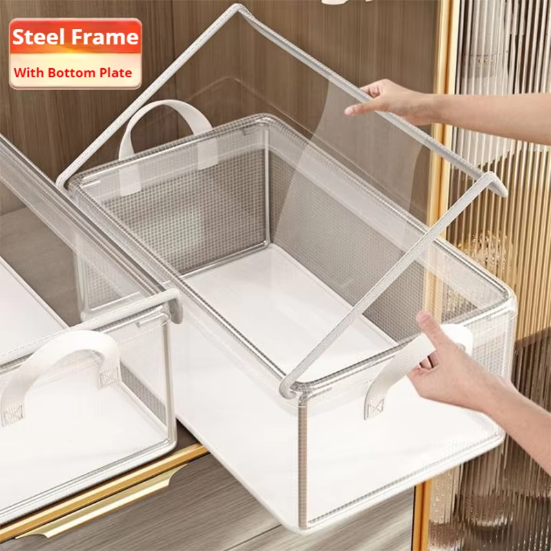Food Storage With Lock - ถังเก็บ PVC พร้อมฝาปิดพับได้โปร่งใสกันฝุ่นกรอบสแตนเลสตู้เสื้อผ้าสําหรับเสื้อผ้าชุดชั้นใน Home Dorm